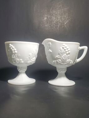 Vintage Indiana Glass Colony Harvest Grape Milk Glass Creamer & Sugar Bowl Set